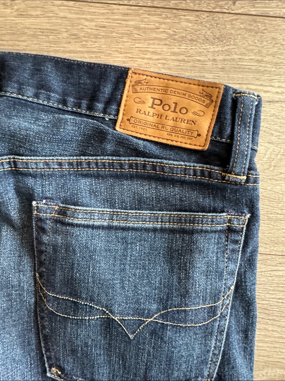 Polo by Ralph Lauren Men’s Indigo Denim Jeans with Tan Leather Patch